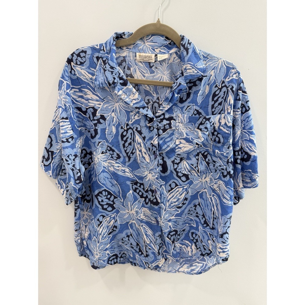 Nouveau Women's Blue Floral Tropical Leaf Button Down Shirt Relaxed Fit Size L